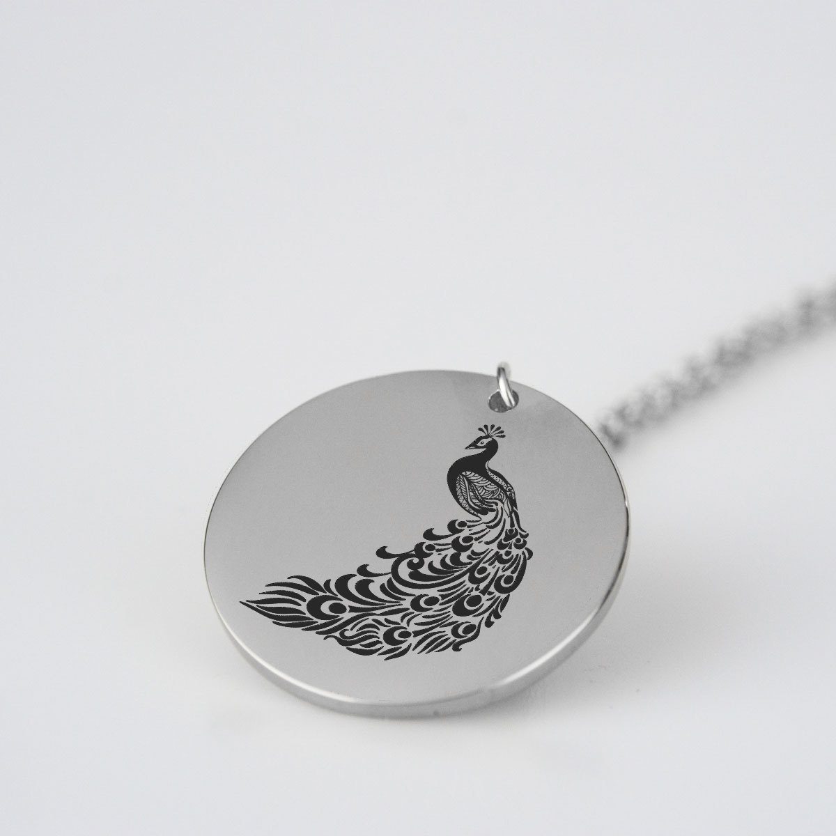 Engraved Peacock Charm Necklace