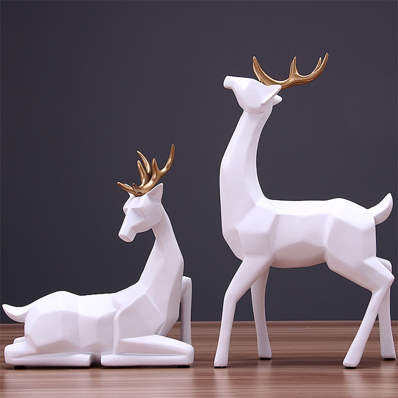 Wedding Gift A Couple of Deer Statue Home Decor Accessories Geometric Elk Sculpture White Blue Black Deer Figurines Ornaments 2