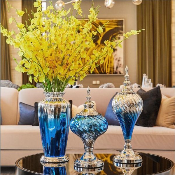 Modern Creative Blue Glass Vase Ornament Home Furnishing Decoration Crafts Livingroom Cafe Bar Desktop Fake FlowerPot Figurines 1