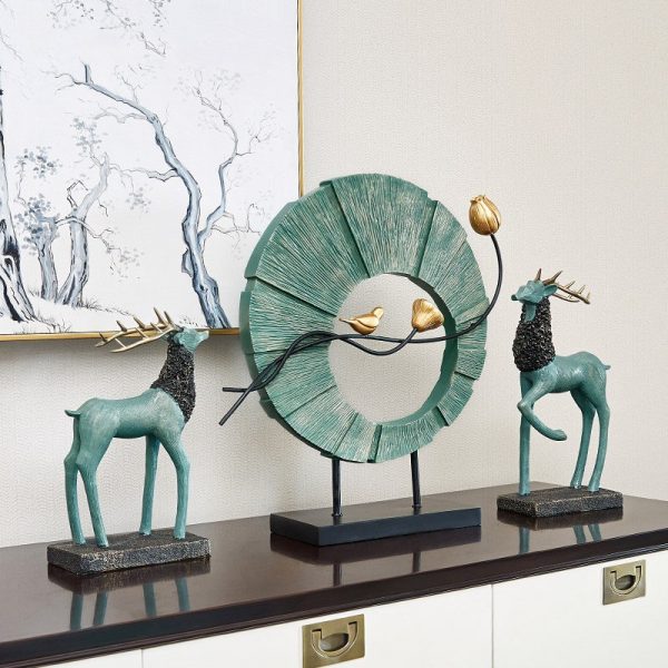 Chinese Creative Resin Deer Bird Round Shape Ornament Home Furnishing Decoration Crafts Livingroom Office Cafe Desktop Figurines 1