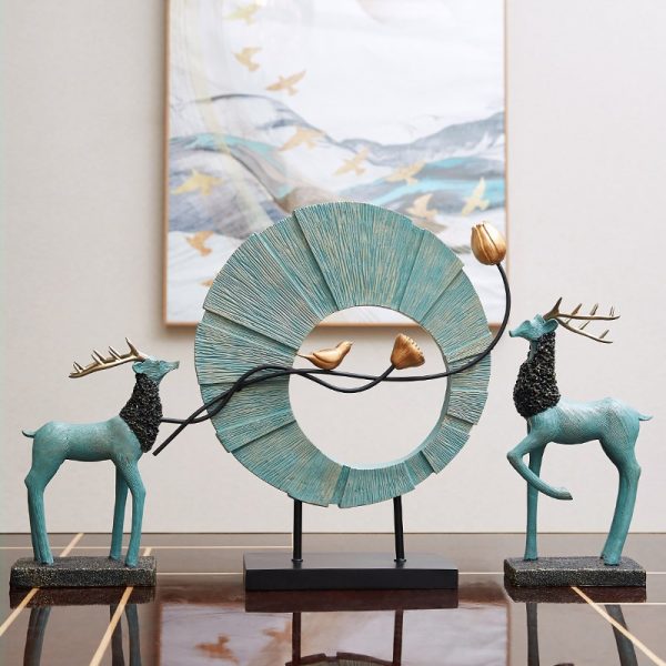 Chinese Creative Resin Deer Bird Round Shape Ornament Home Furnishing Decoration Crafts Livingroom Office Cafe Desktop Figurines 2